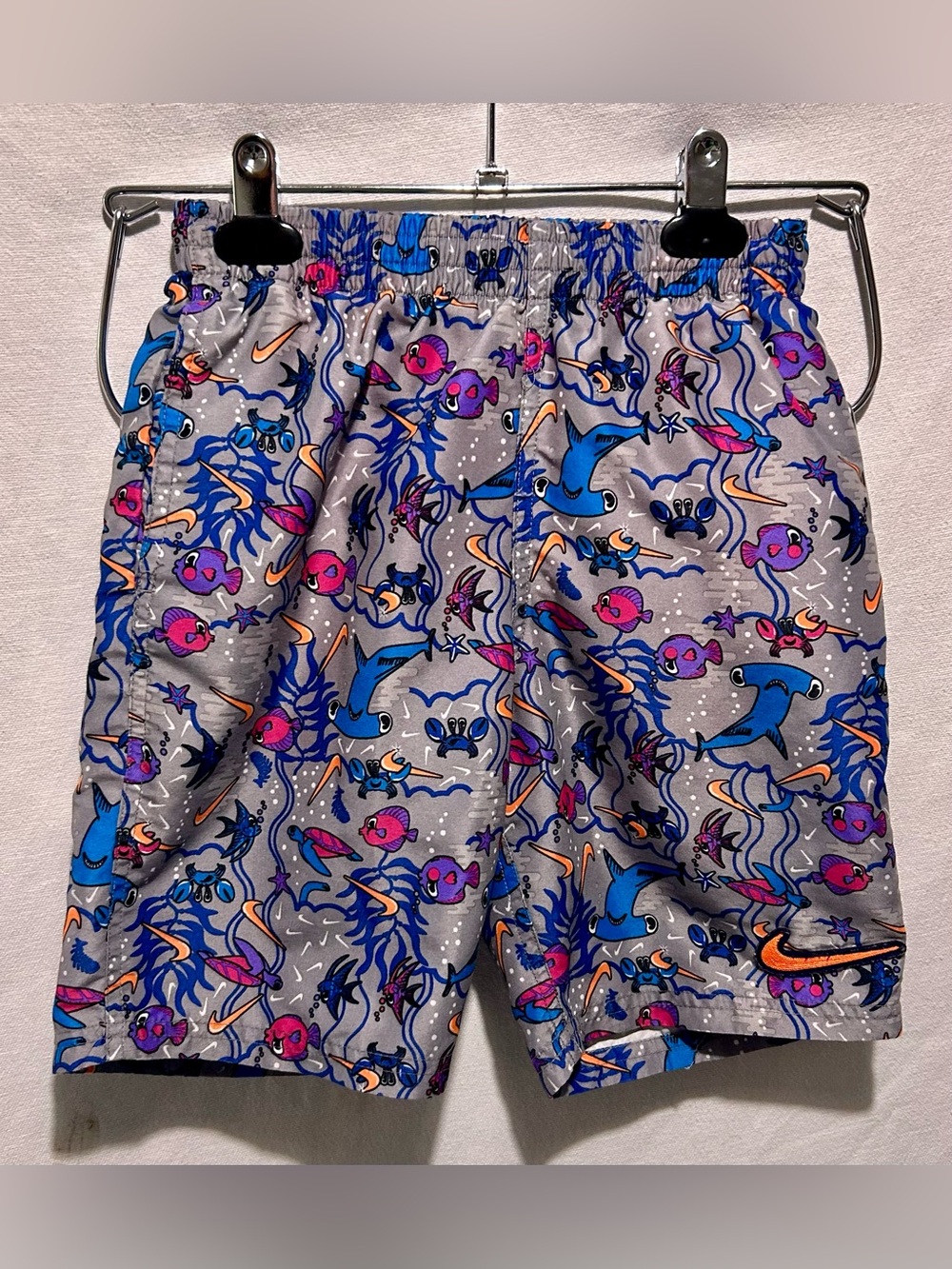 Nike Boys S Swim Trunks Sea Friends AOP Print Gray Blue Shark Fish Crab Lap 8